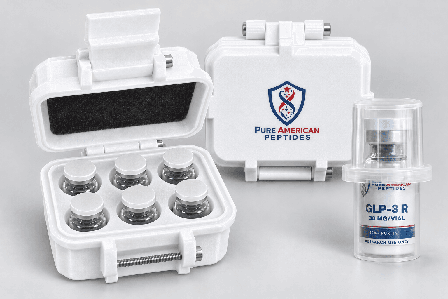 Pure American Peptides branded hard case holding six research vials, shown beside a labeled GLP-3 R vial